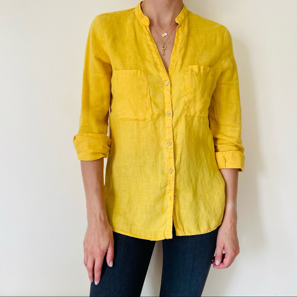 Zara linen V-neck long sleeve chest pockets lightweight summer button down shirt